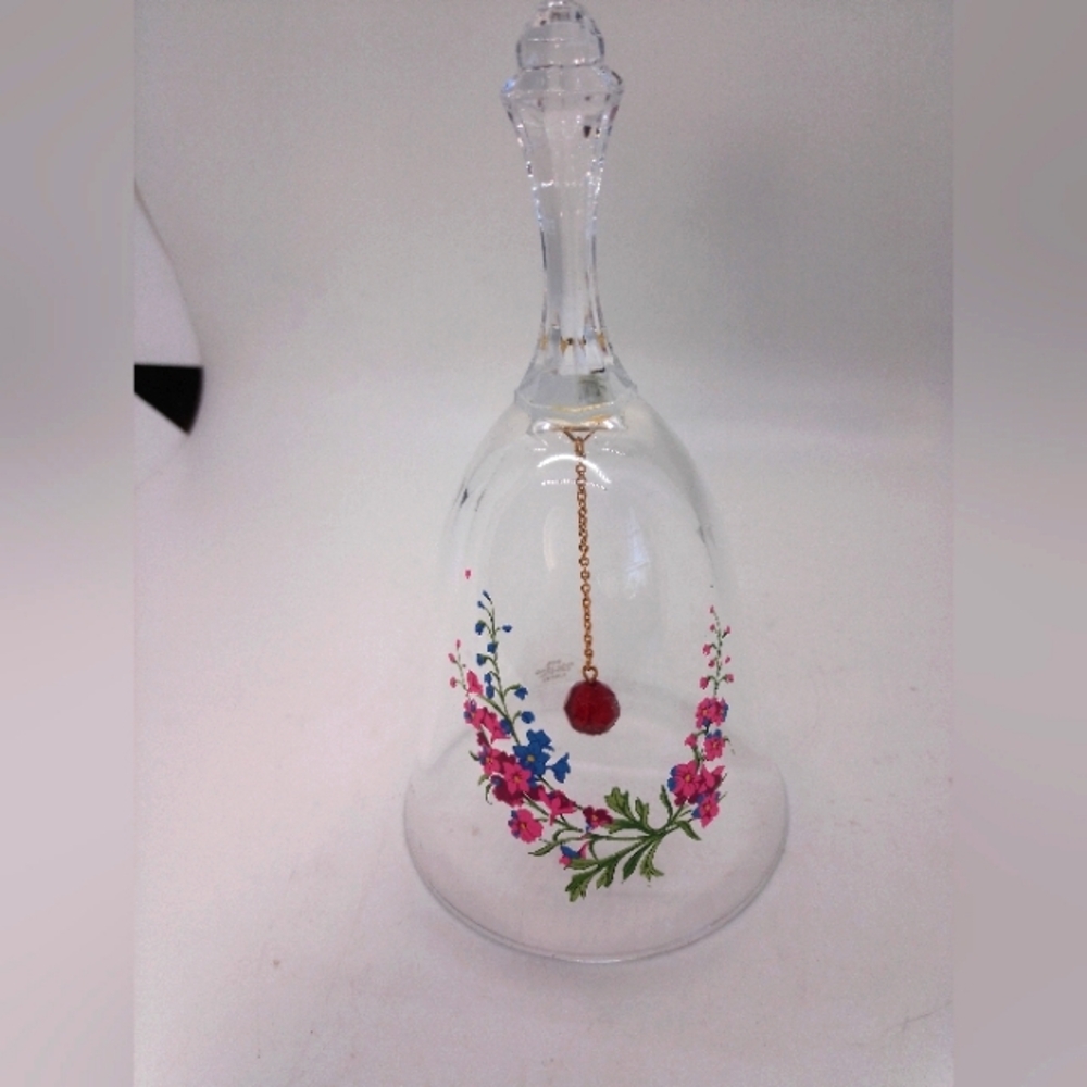 Vintage Avon Floral Glass Bell with Red Bead Clapper 24% Full Lead Crystal